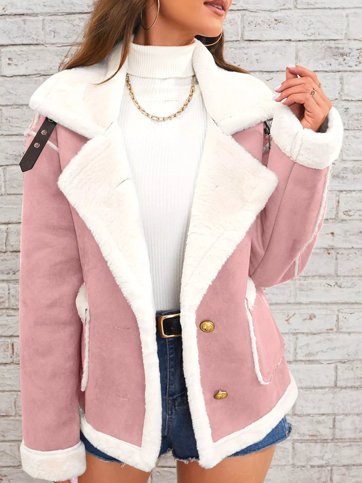 Pink plush-lined button-front jacket — front view