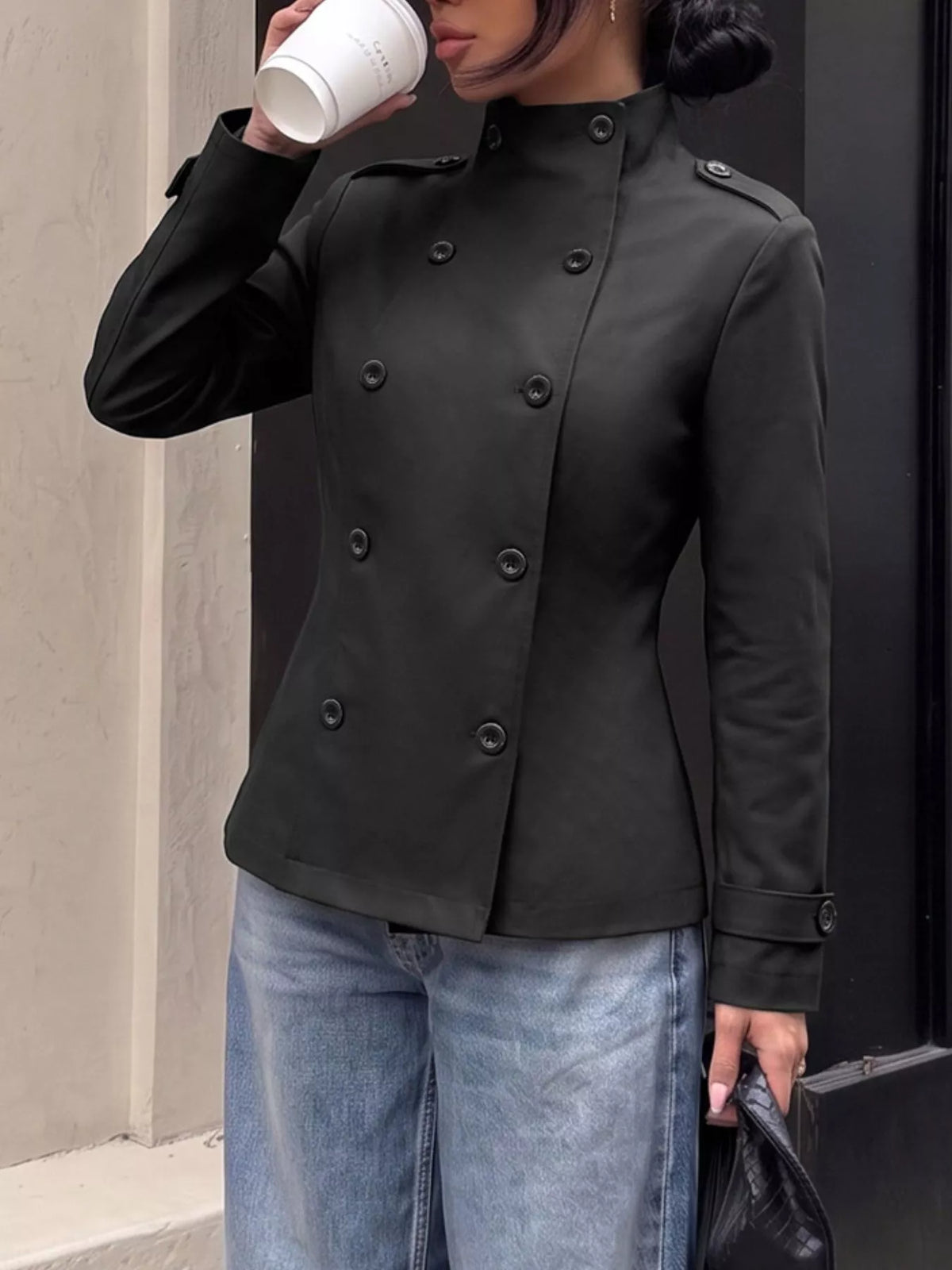 Double-Breasted Military-Style Stand Collar Jacket — front view