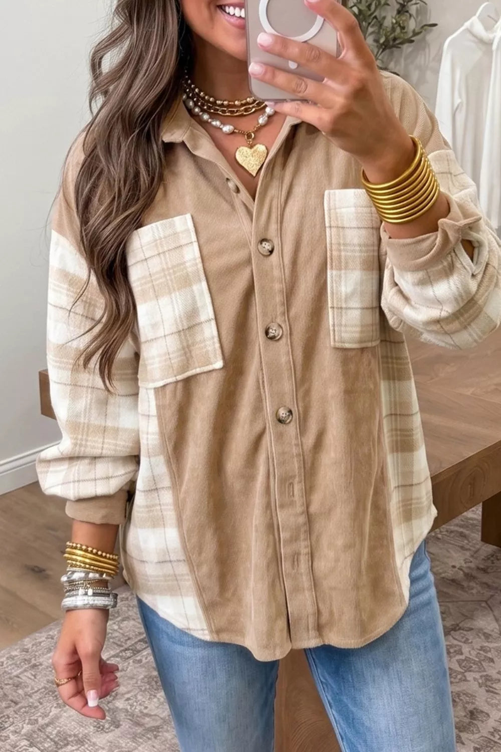 Trendsi Plaid Colorblock Shirt Collar Shift Shacket -