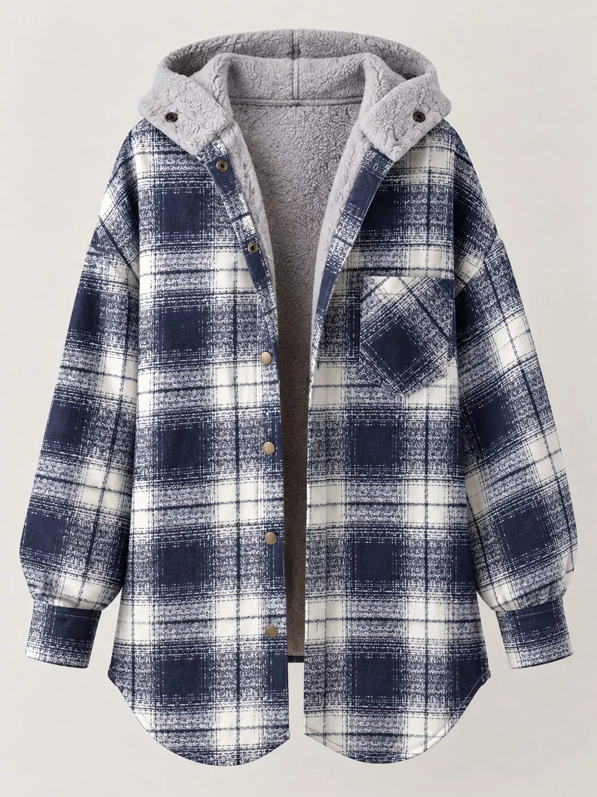 Navy Blue plaid hooded button up jacket