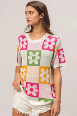 Trendsi BiBi Flower Checker Pattern Lightweight Sweater Top -