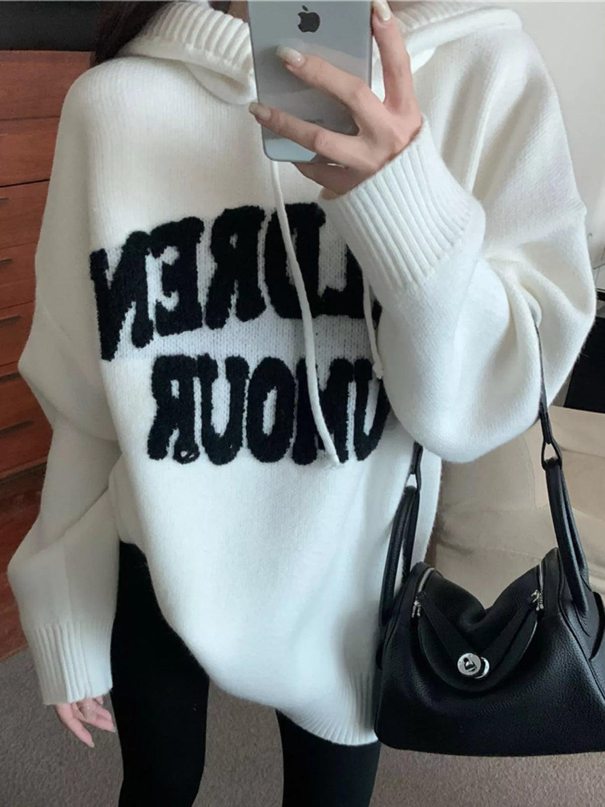 Ivory graphic long-sleeve sweater, garment detail