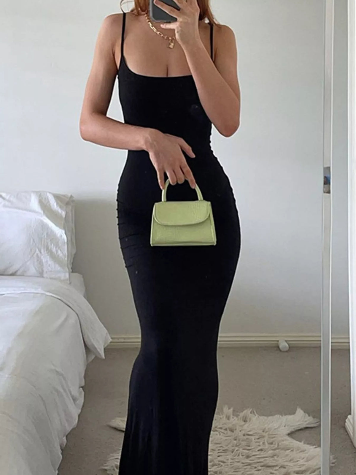 Square neck spaghetti-strap maxi dress, front view on model