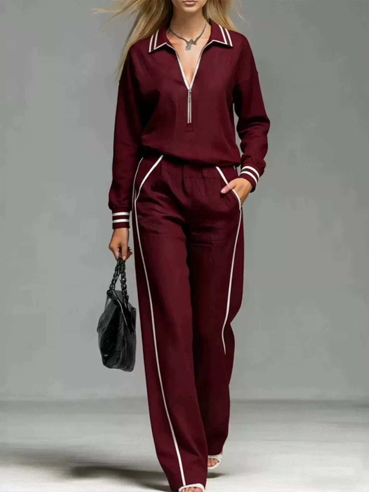 Burgundy striped half zip top and pants set
