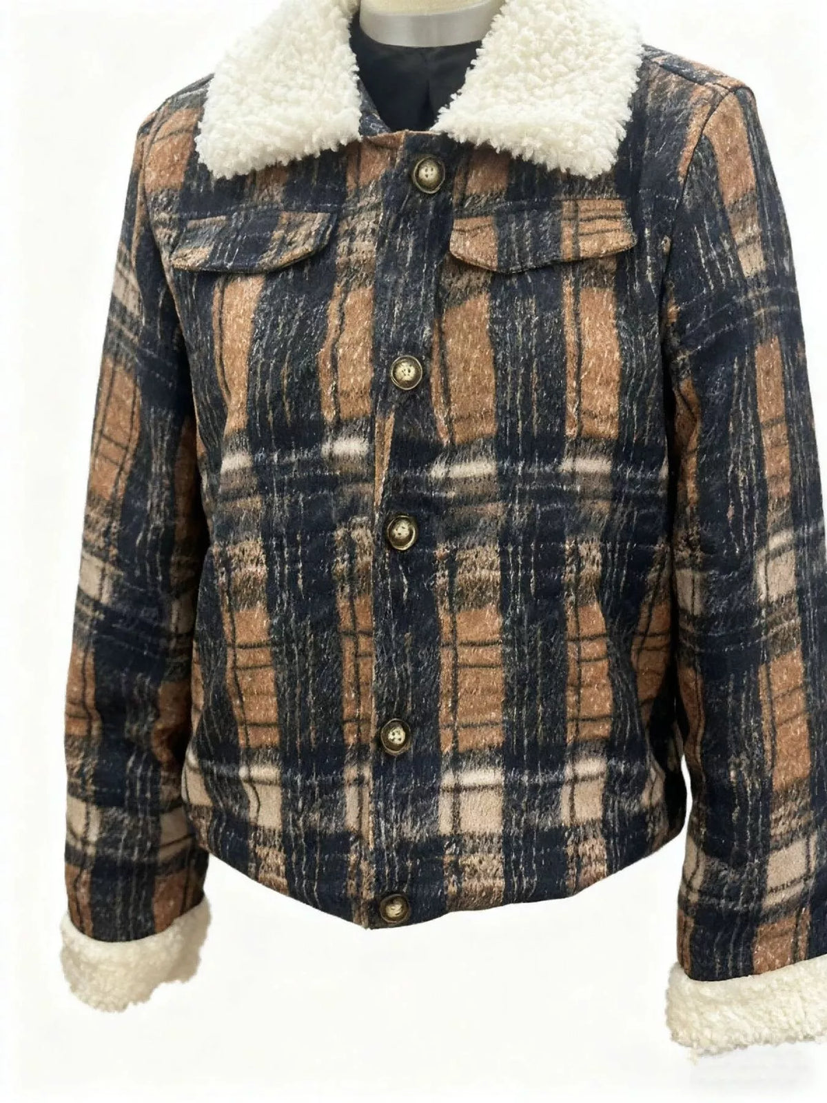 Women's sherpa-lined plaid button-down outerwear jacket