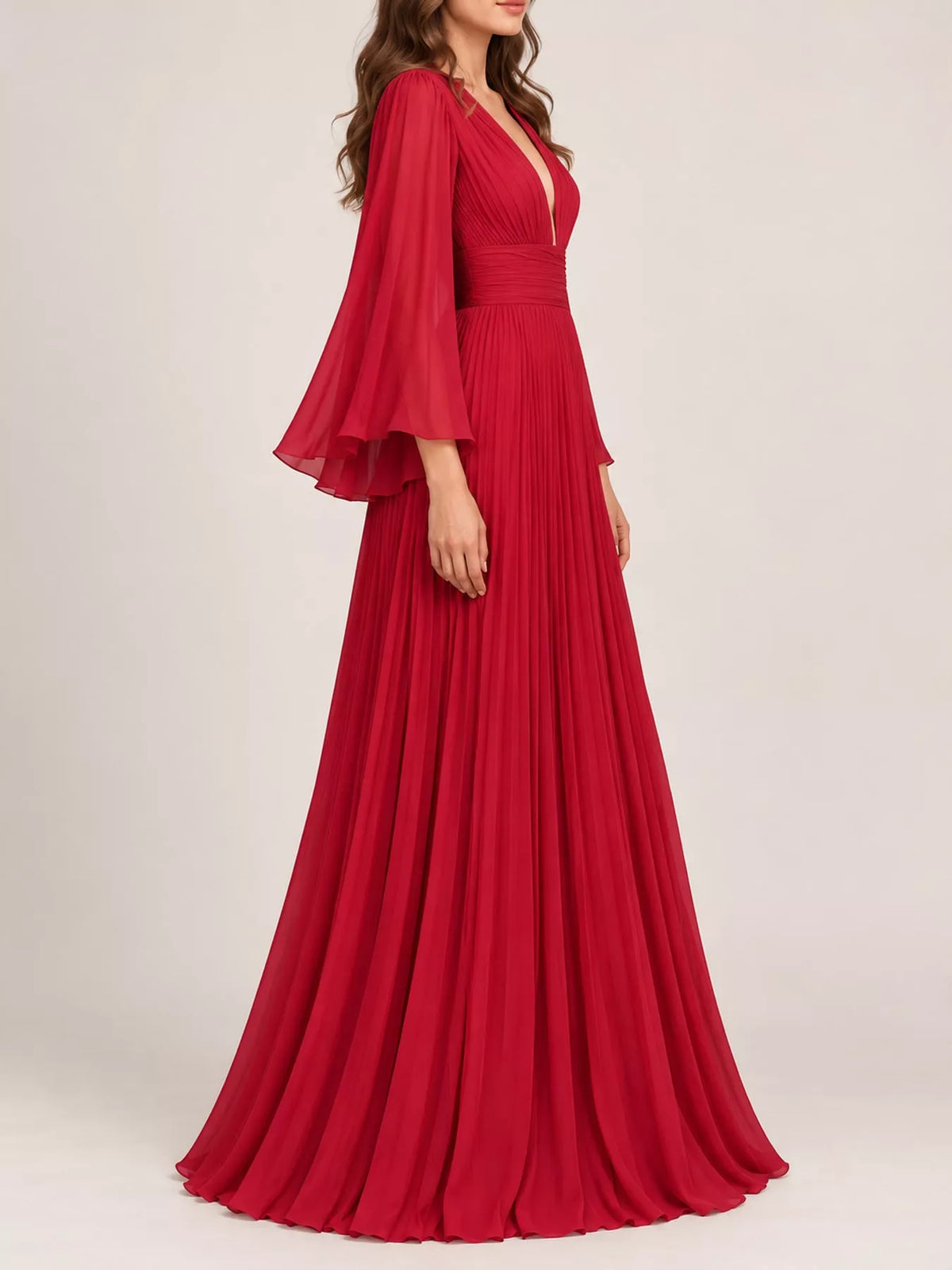 Red v-neck pleated maxi dress, side view