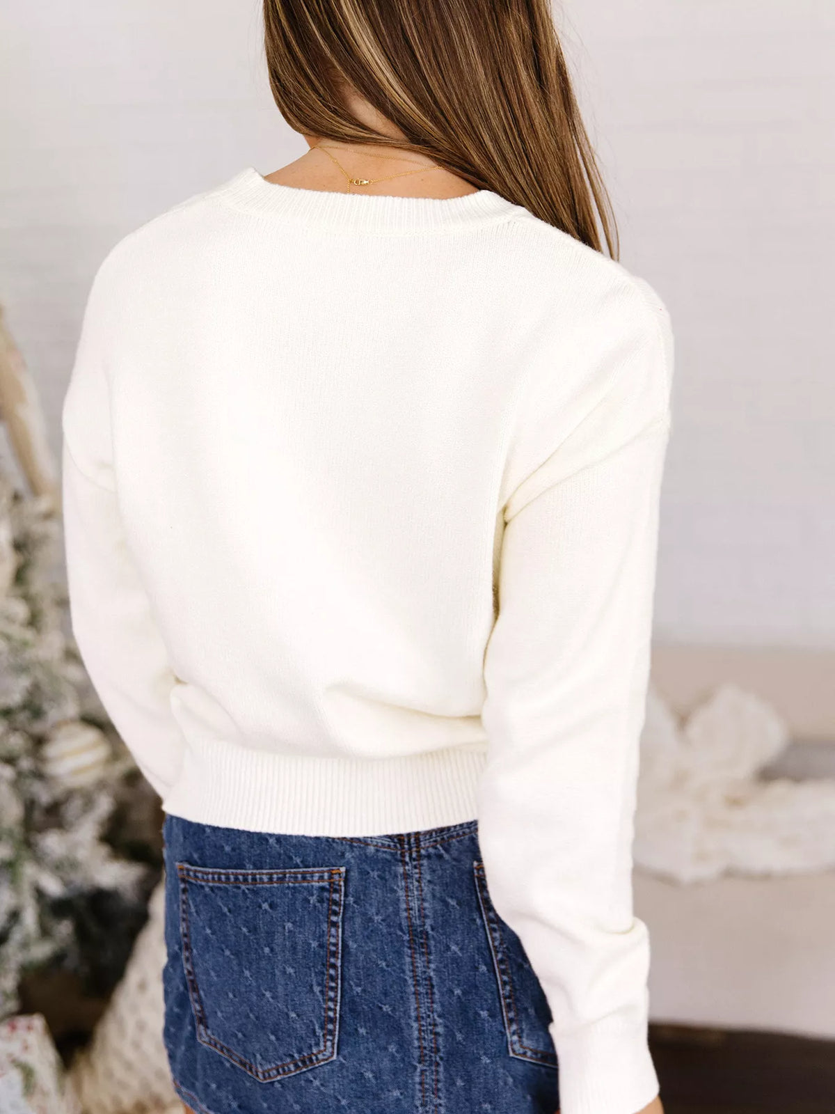 Snowflake Reindeer Christmas Sweater, back view