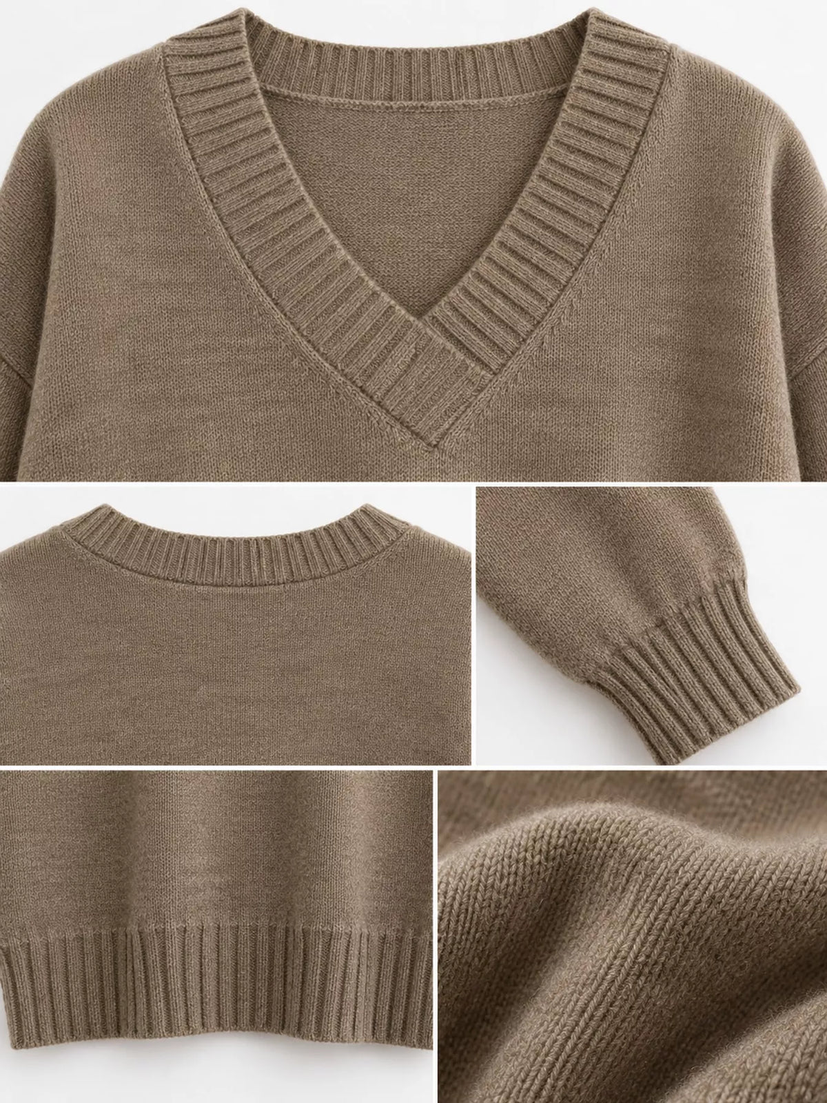 V-neck sweater, taupe detail collage