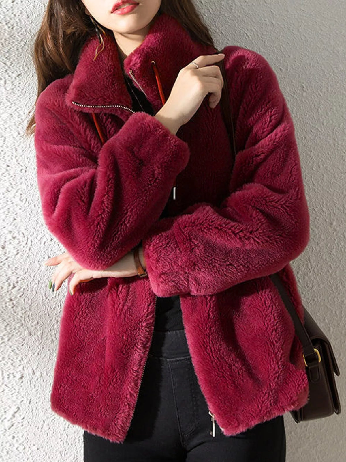 Faux-fur jacket, burgundy front