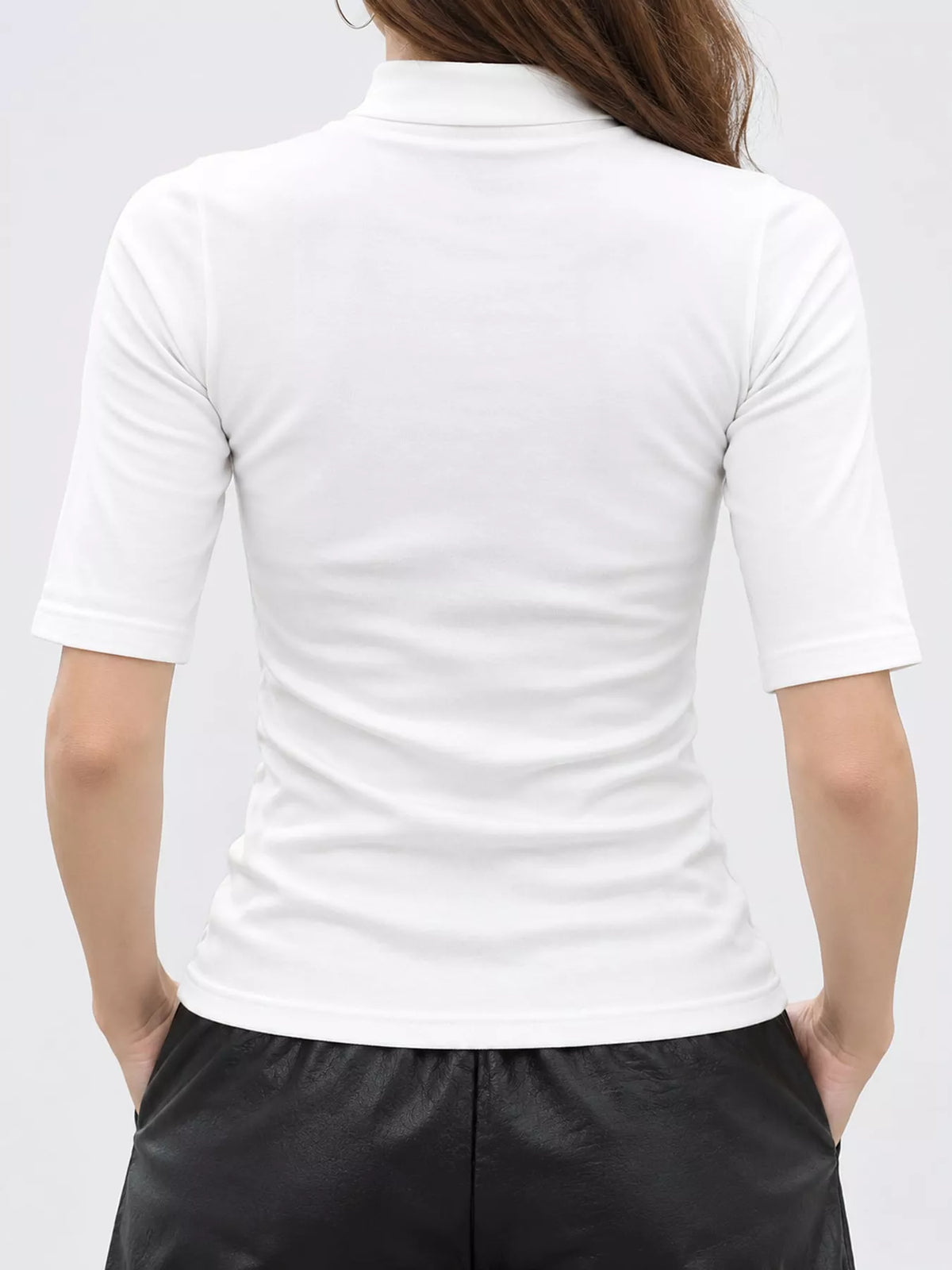 White mock neck half sleeve t-shirt, back view