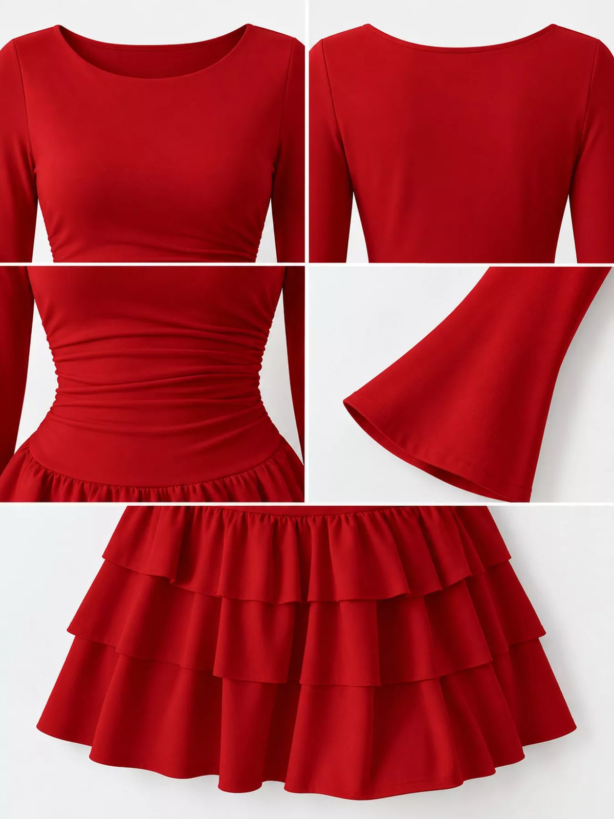 Red layered ruffle mini dress, neckline, waist ruching, bell sleeve, and ruffles