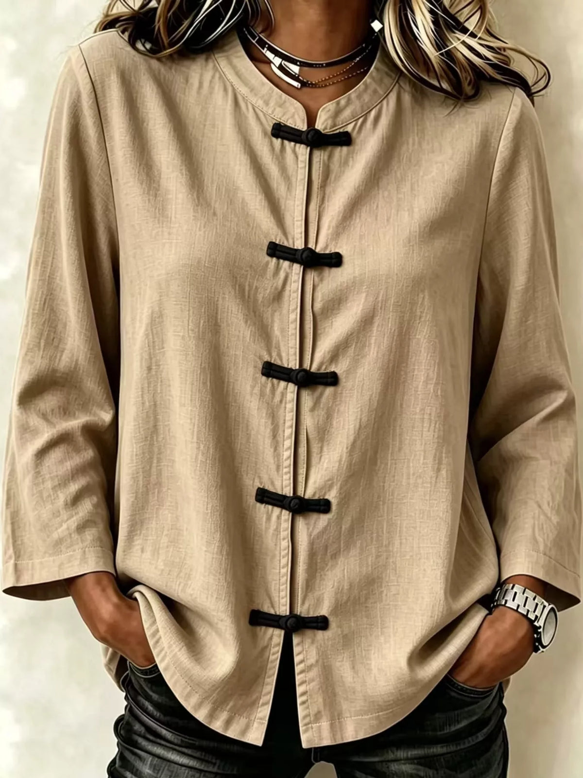 Chinese Style Mandarin Collar Blouse in khaki, front view