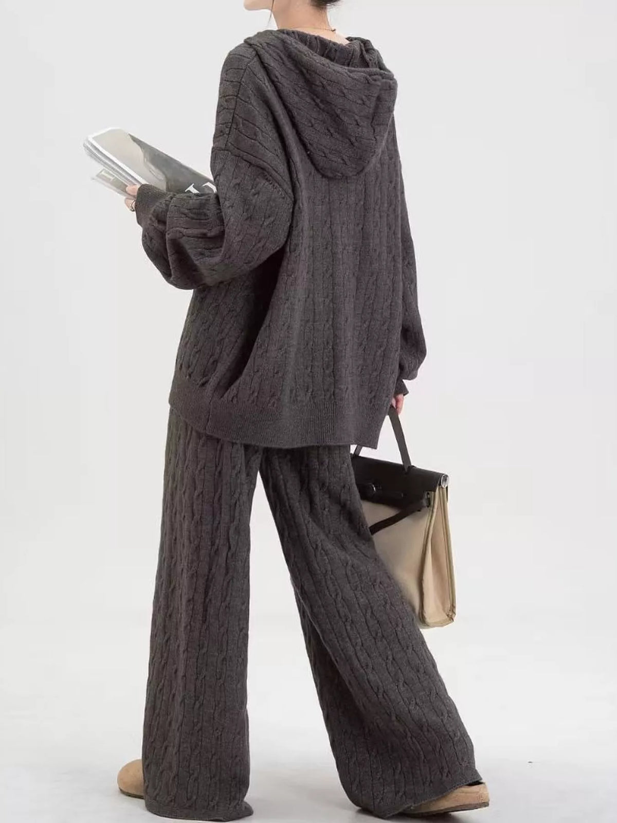 Cable-knit cardigan and pants set, gray back