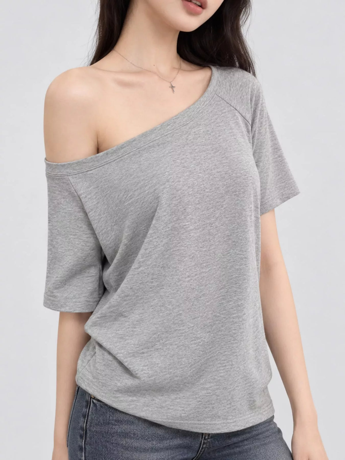 Gray asymmetric-neck T-shirt, front view