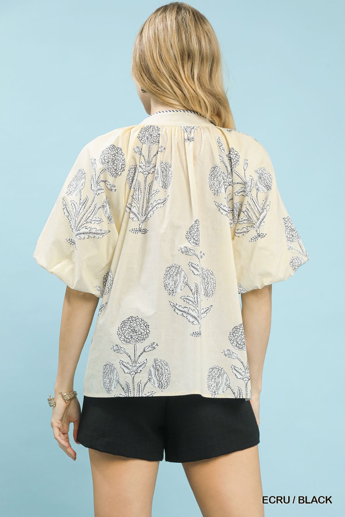 Women's Floral Cotton V-Neck Top With Striped Trim and Puff Sleeves — product view 3