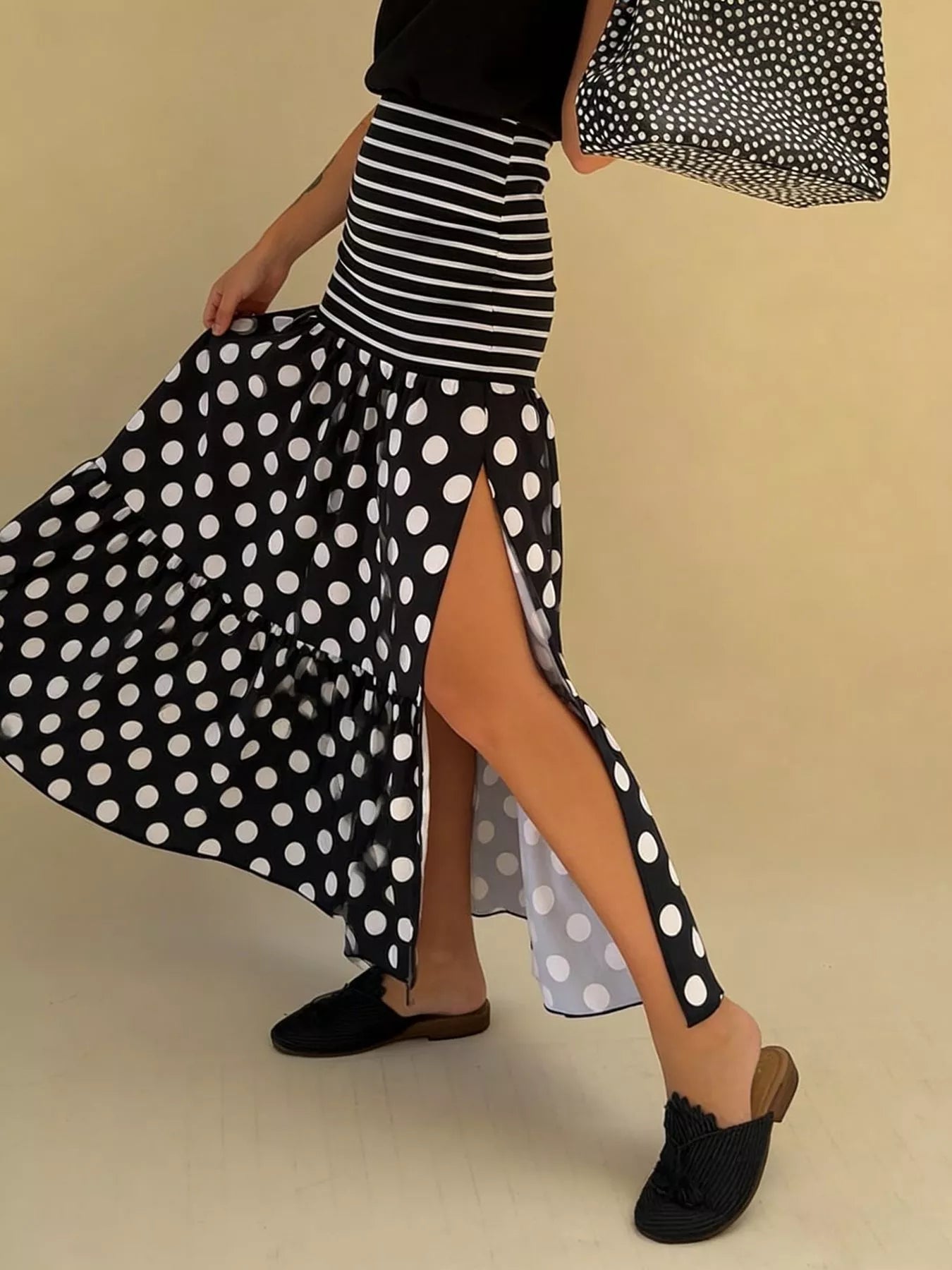 Trendsi Polka Dot Striped Slit Maxi Skirt -