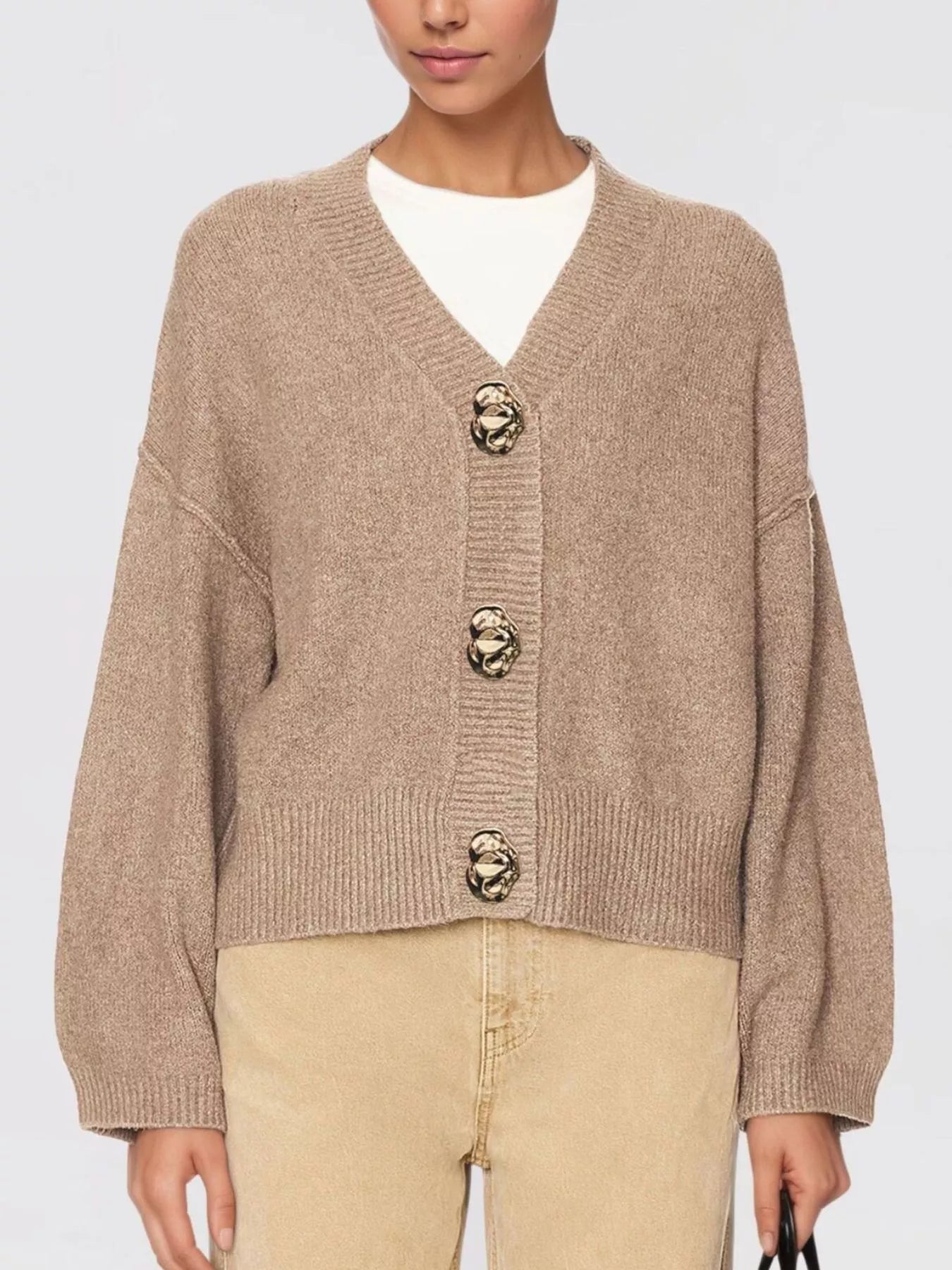 Trendsi Gold Buttons V-Neck Cardigan -