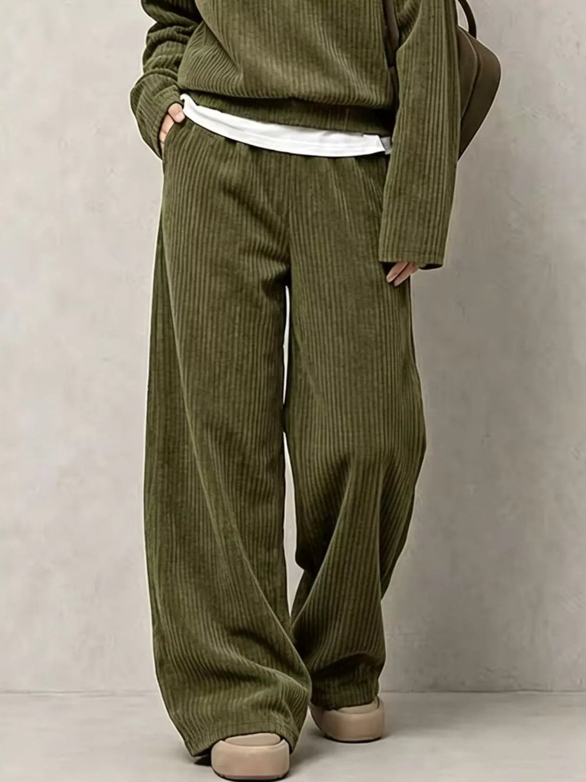 Women's Corduroy Button Detail Top and Wide-Leg Pants Set in olive — pants detail view