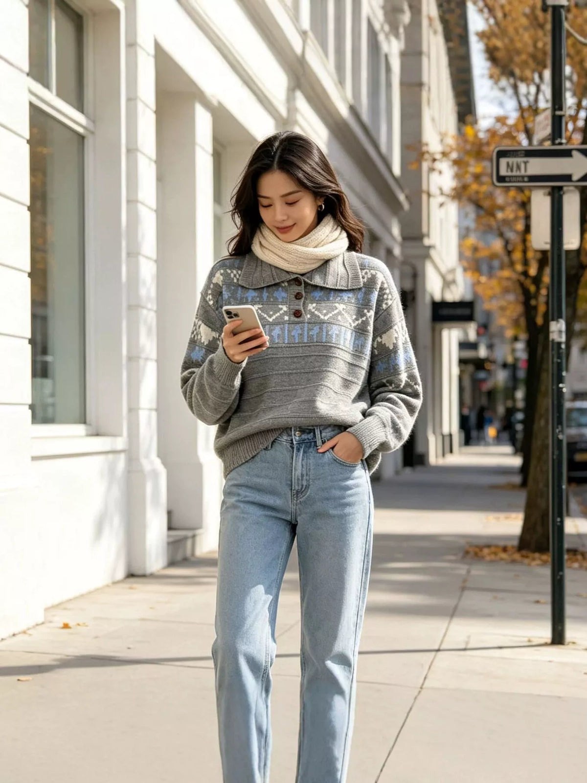Gray fair isle polo-collar sweater, full-length styled view.