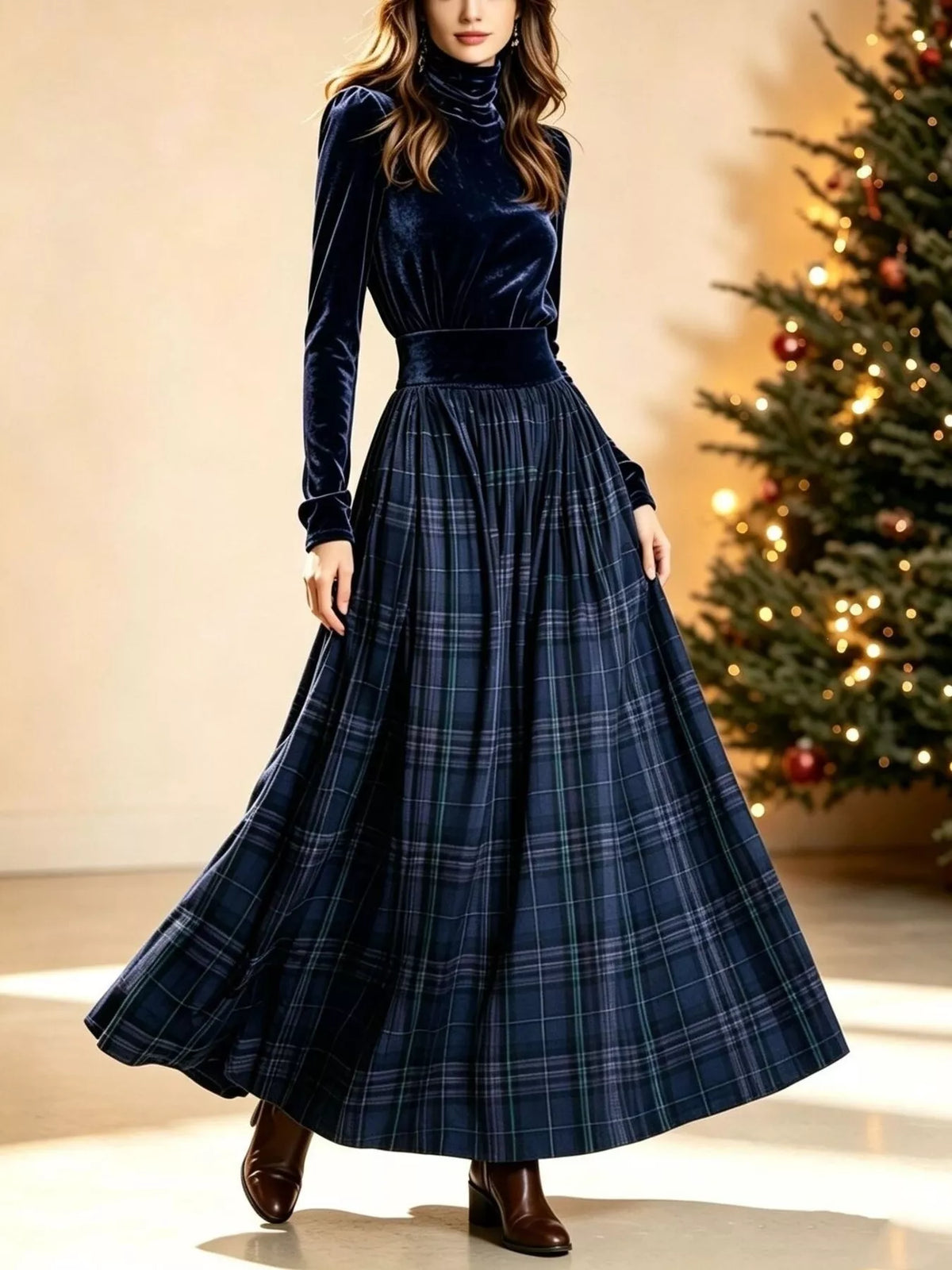 Navy velvet turtleneck top and plaid skirt set
