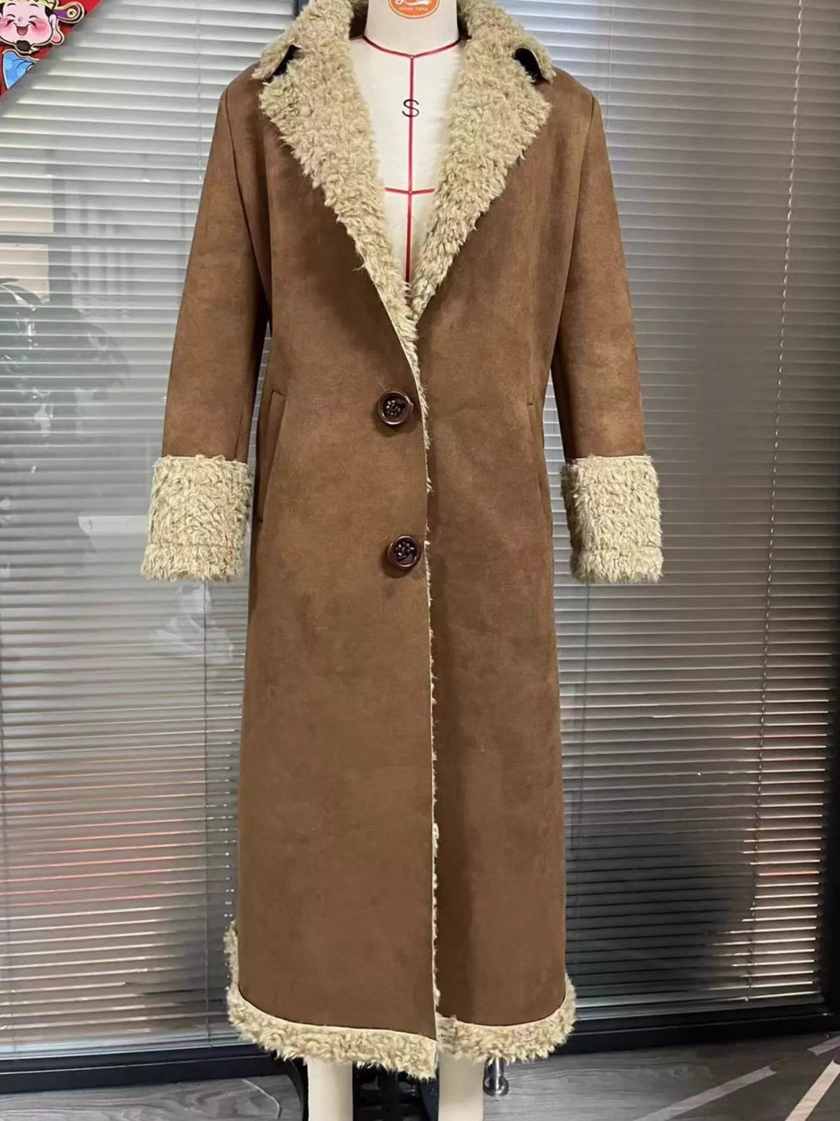 Brown faux suede shearling-style long coat