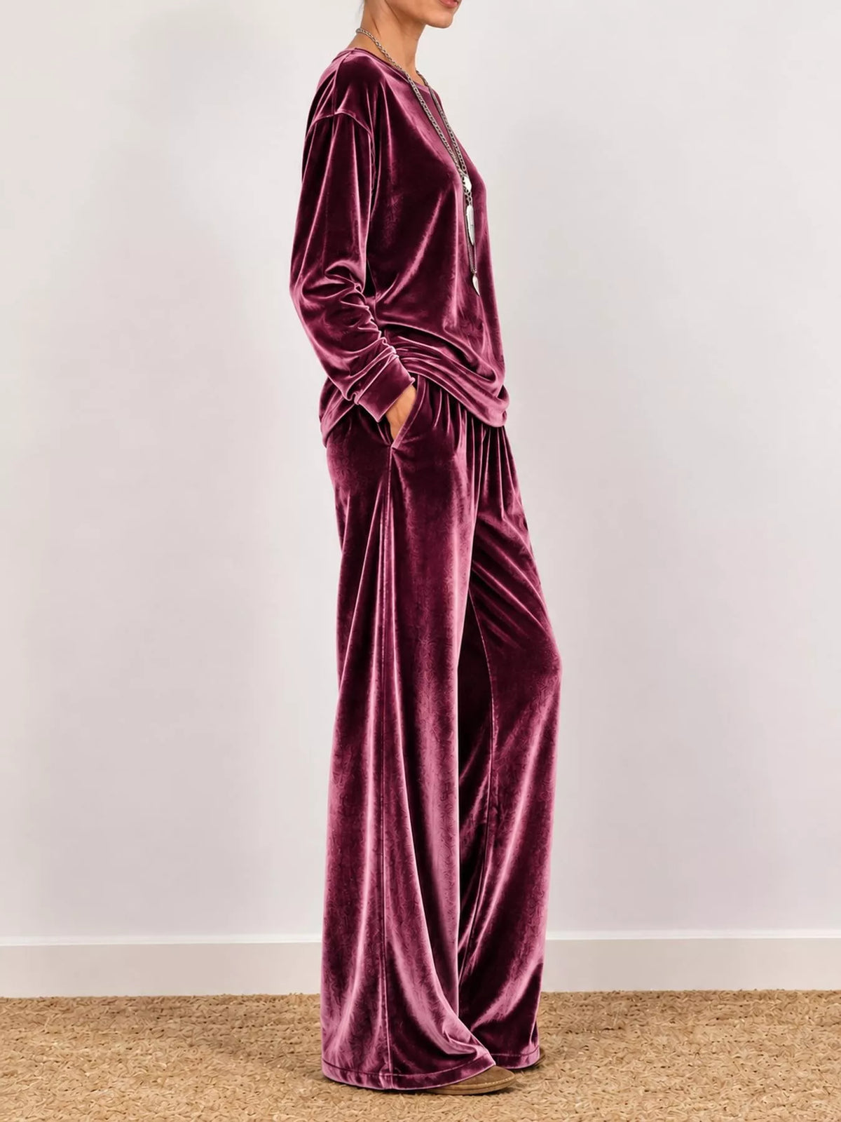Velvet Long Sleeve Top and Wide-Leg Pants Set — side view