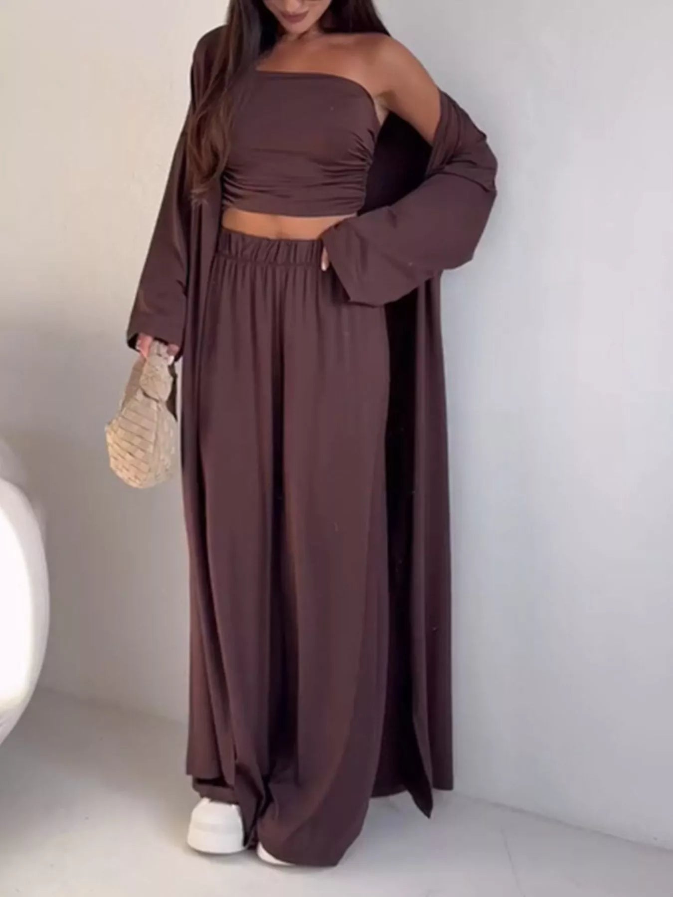 Trendsi Chic Strapless Ruched Crop Top and Wide-Leg Pants with Cardigan 3-Piece Set -