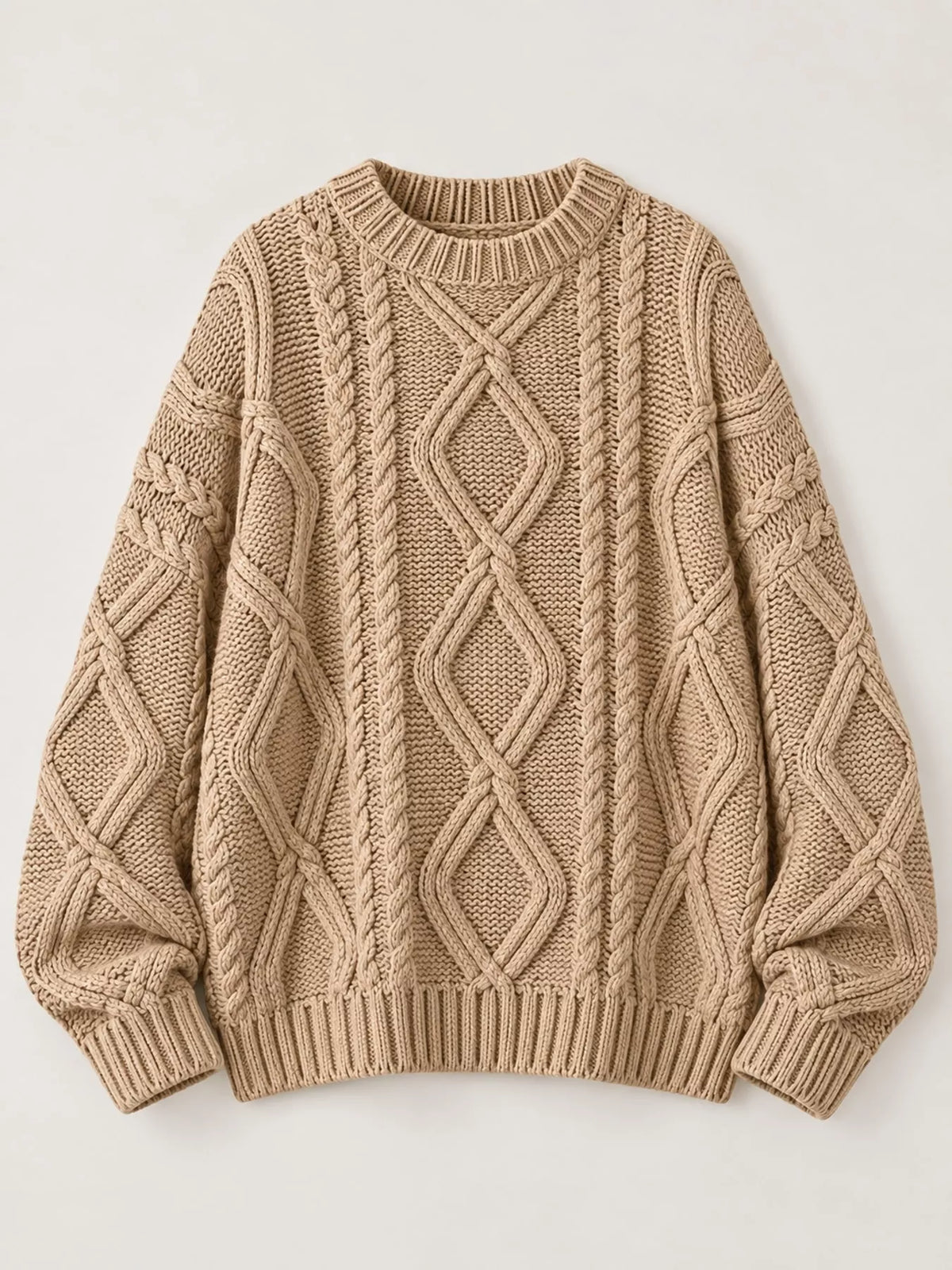 Khaki cable-knit round neck sweater
