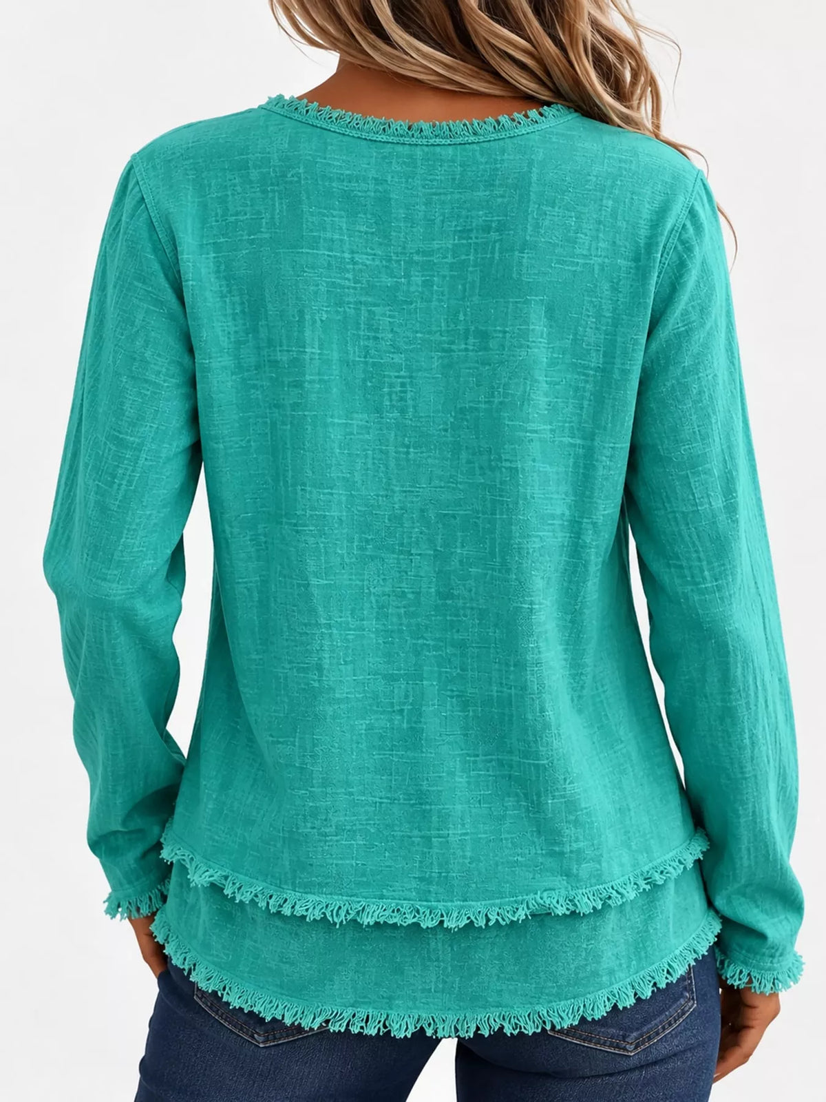 Frayed-hem blouse, teal back