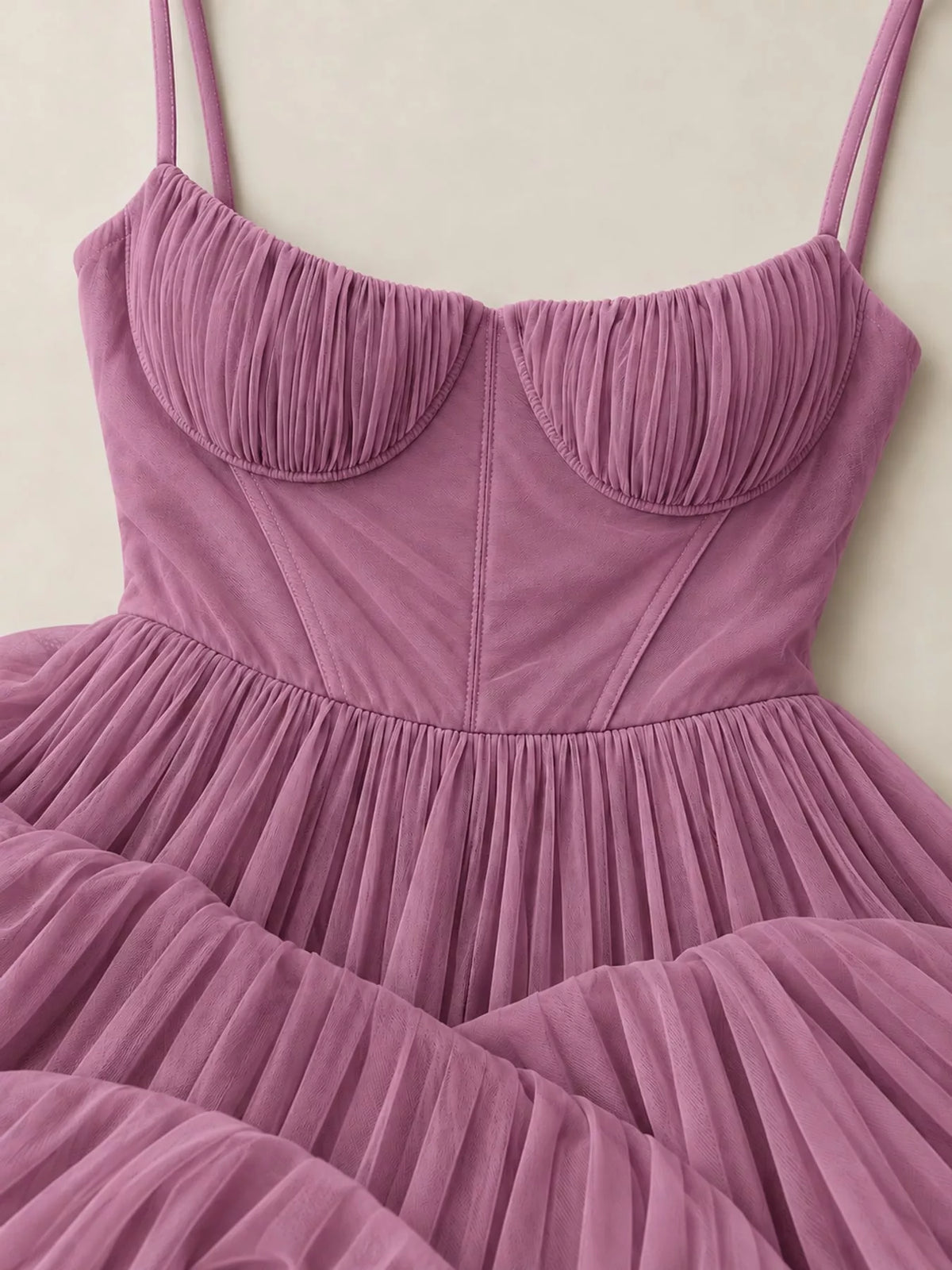 Purple pleated sweetheart neck midi dress — design and construction details