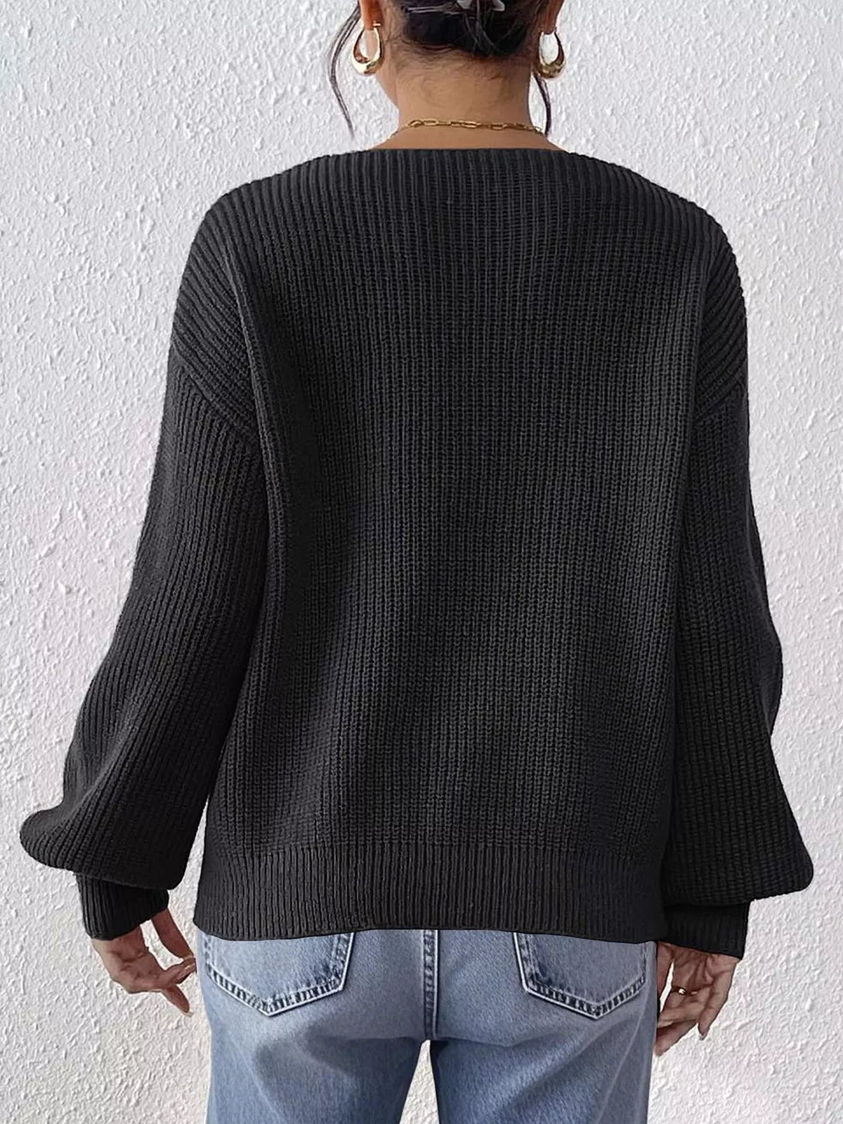 Black Lace Heart Dropped Shoulder Sweater back view