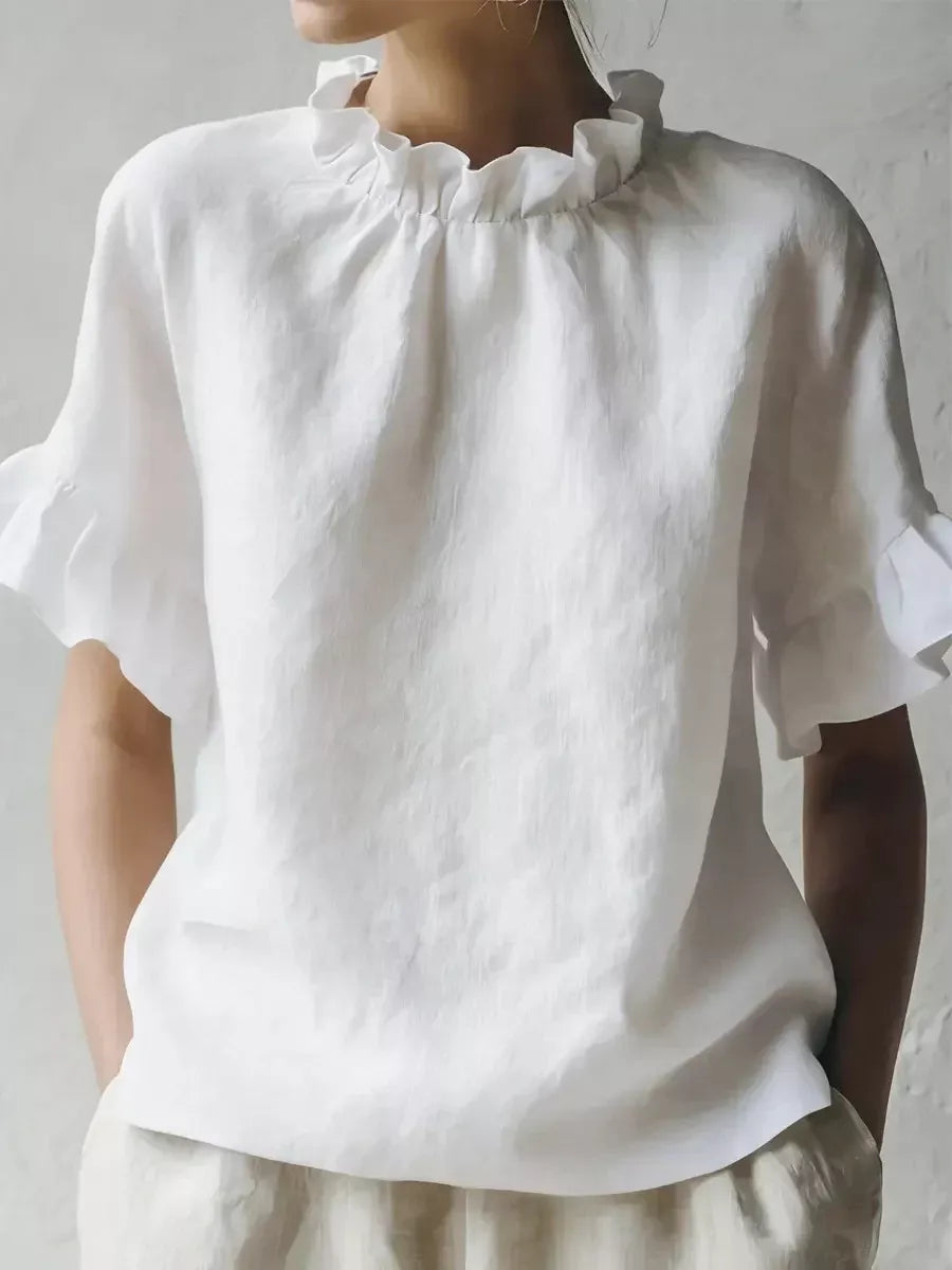 White Ruffle-Neck Short Sleeve Blouse, front view