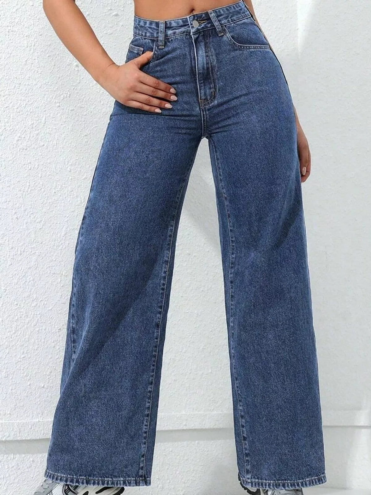 Blue high waisted wide leg jeans, front view