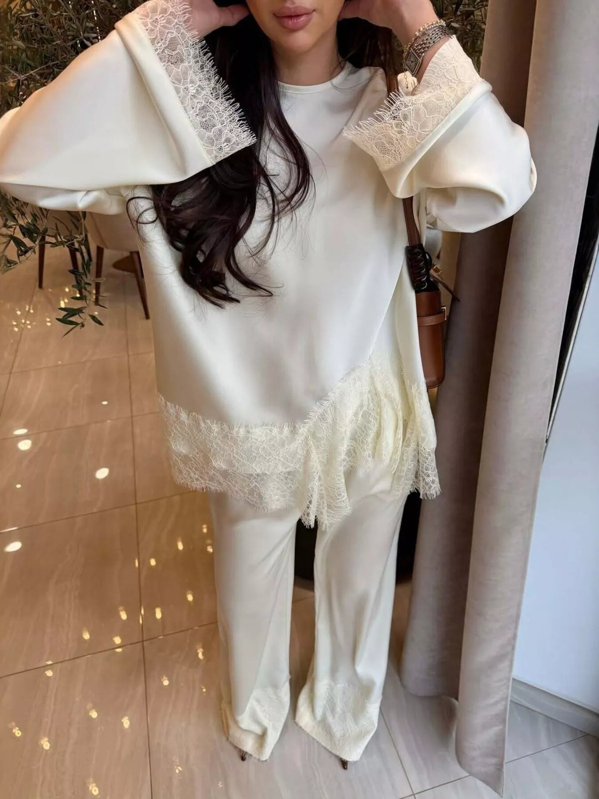 Round neck long sleeve outfit set, front view on model