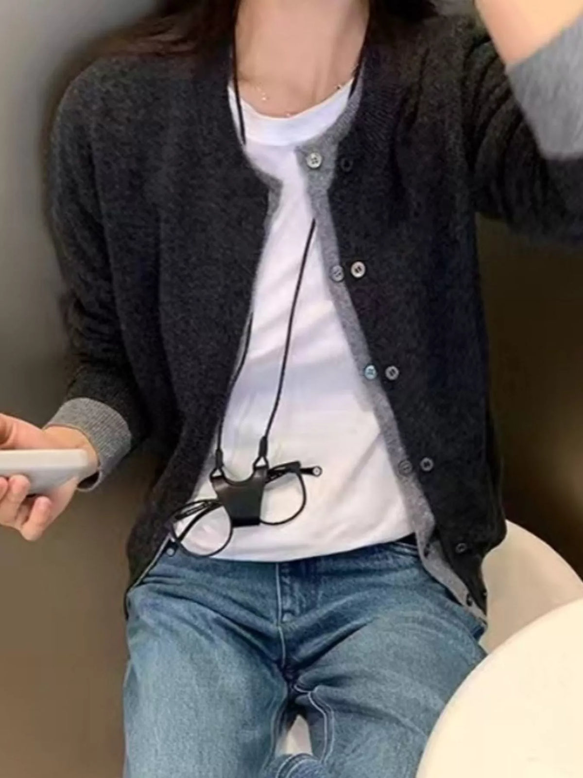 Button-Down Knit Cardigan in gray