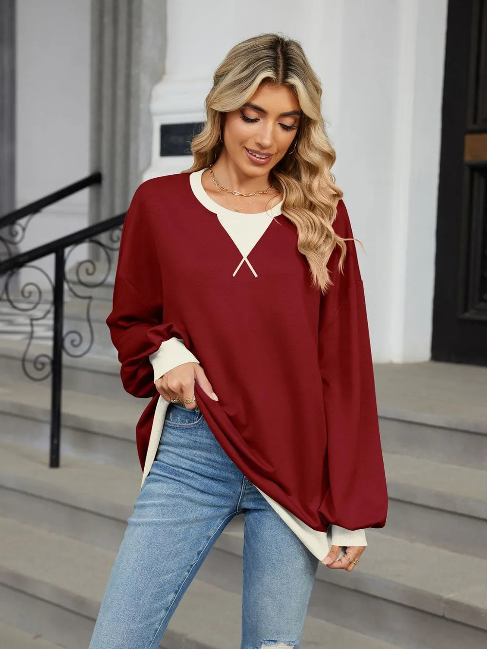 Trendsi Contrast Round Neck Long Sleeve Sweatshirt -