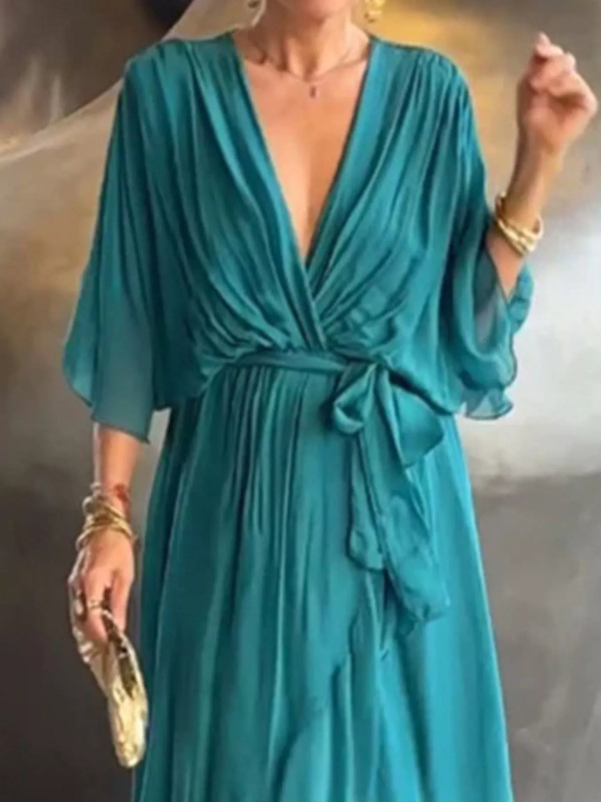 Trendsi Full Size Chiffon Wrap Dress with Flutter Sleeves Plus Size -