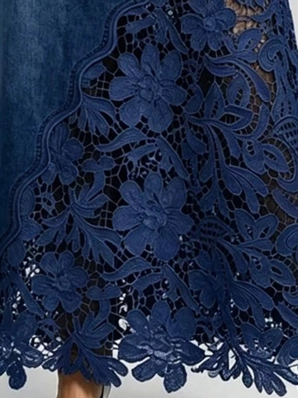 Lace-panel denim skirt, dark blue floral lace detail