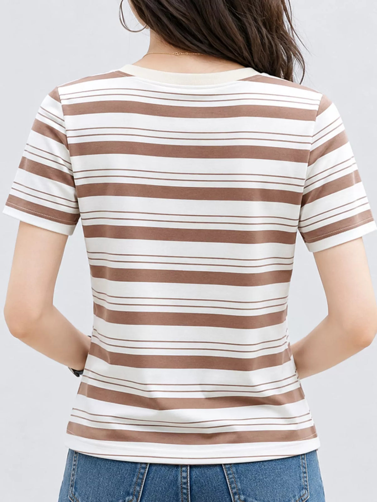 Coffee - Striped striped crew neck embroidered t-shirt