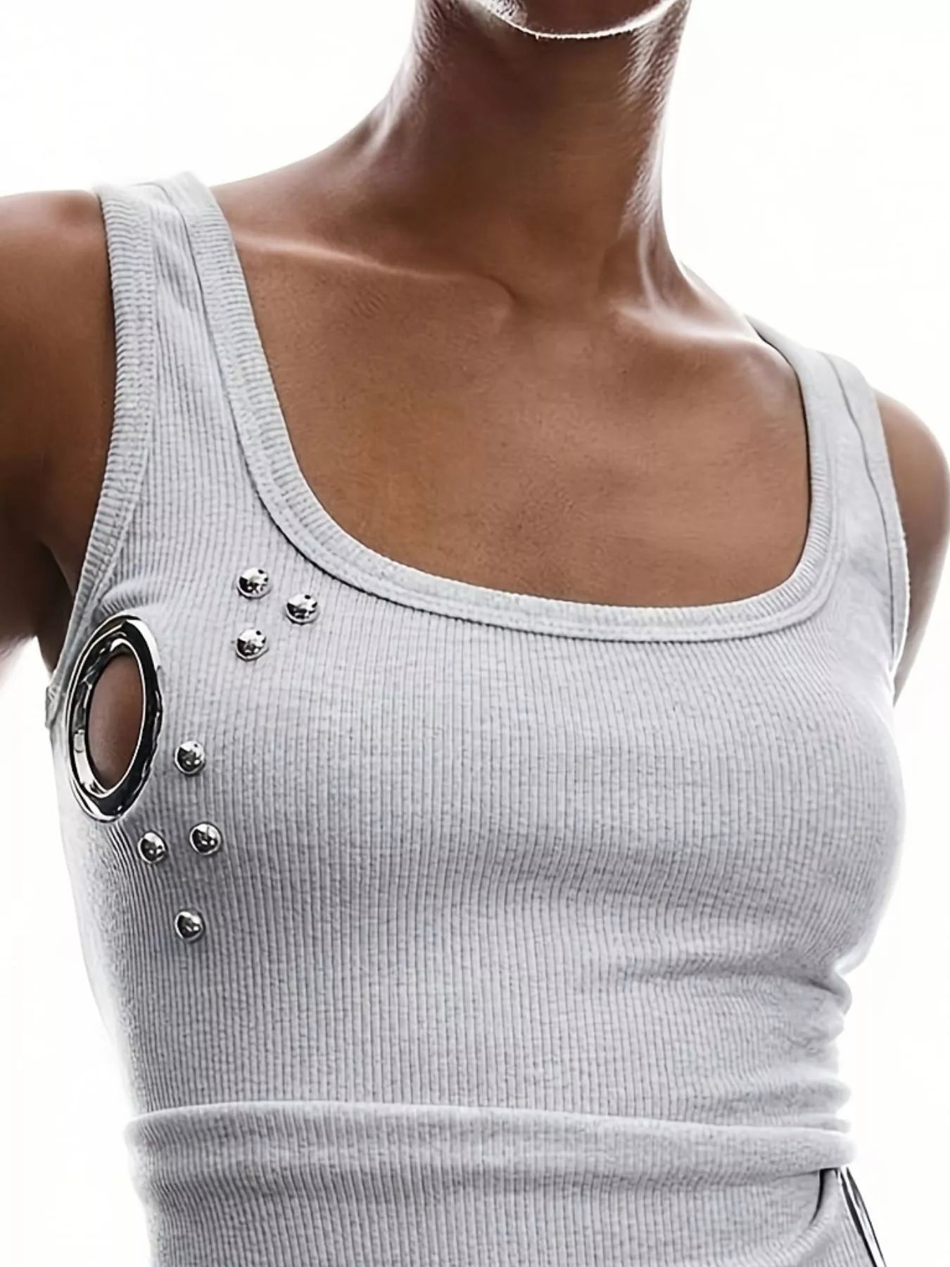 Trendsi Ribbed Tank Top with Metal Grommet Cutouts and Stud Embellishments -
