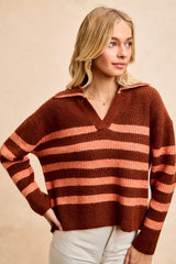 Trendsi BiBi Striped Sweater Top with Collar Stitched Details -