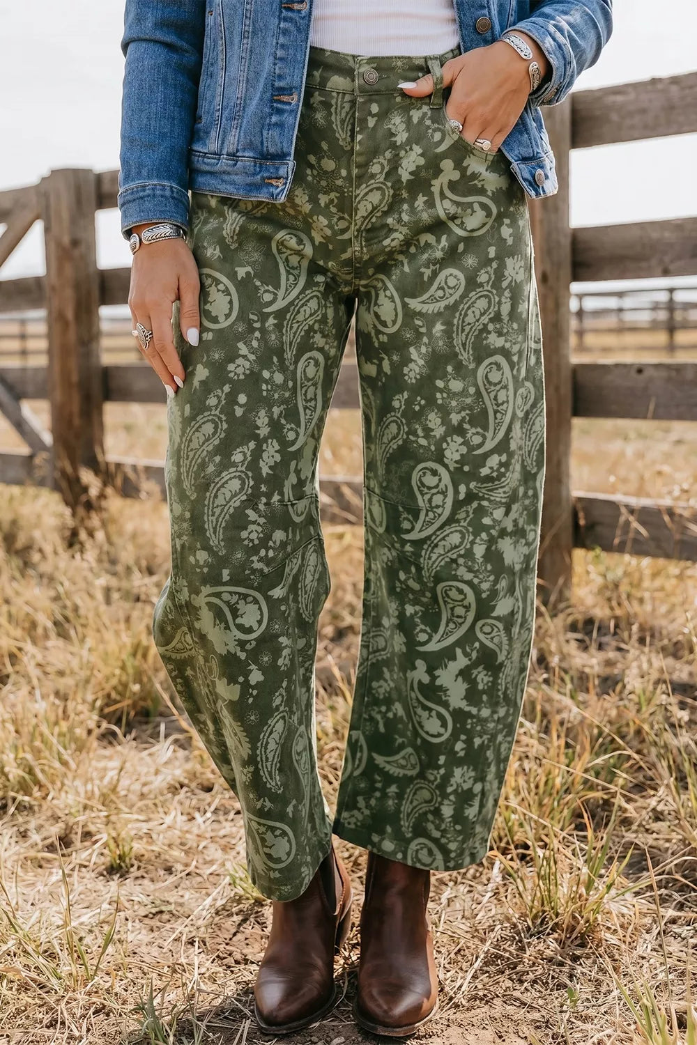 Green paisley print harem denim pants