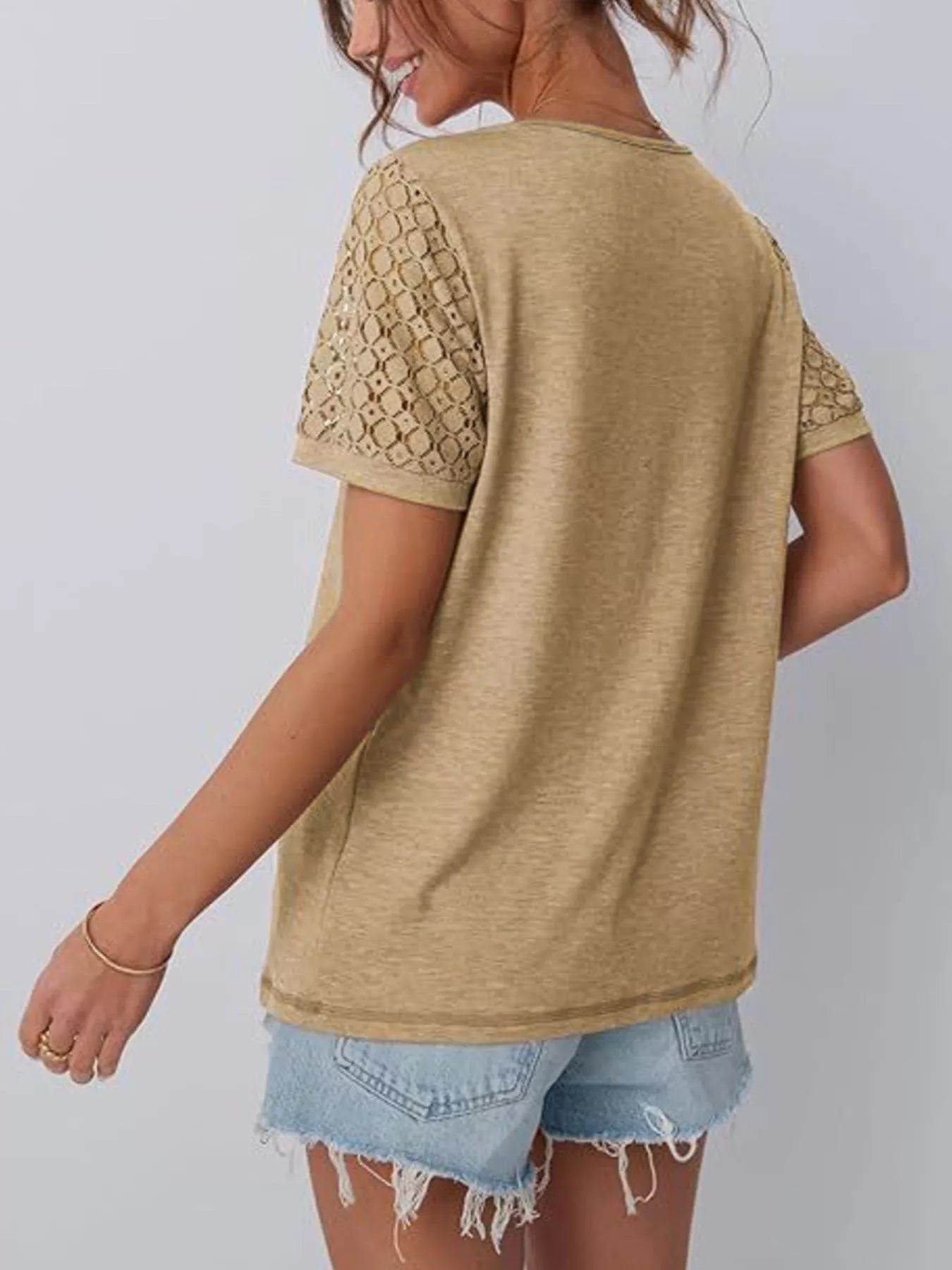 Trendsi Lace Short Sleeve Round Neck T-Shirt -