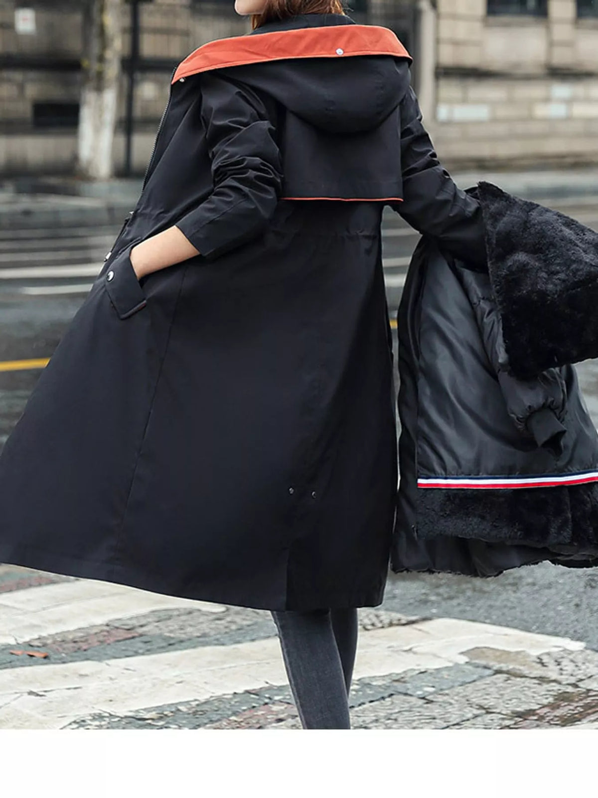 Faux-fur-trim parka, black back without fur trim