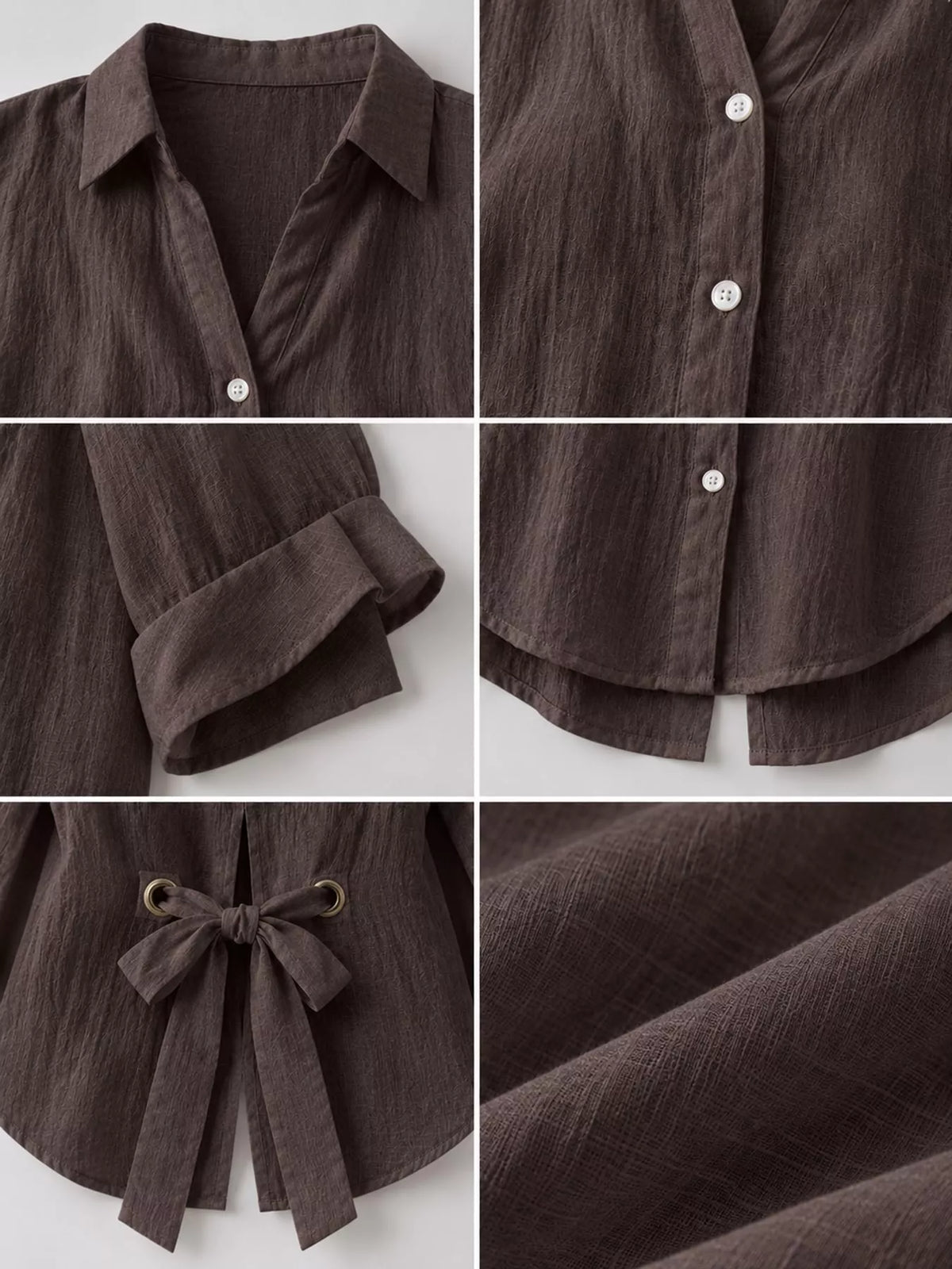 Dark Brown loose fit tie back shirt, detail view