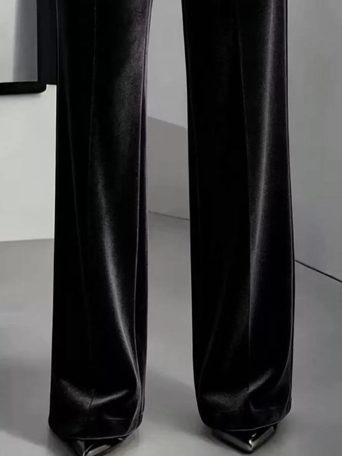 Black velvet pants, wide legs and full-length hems