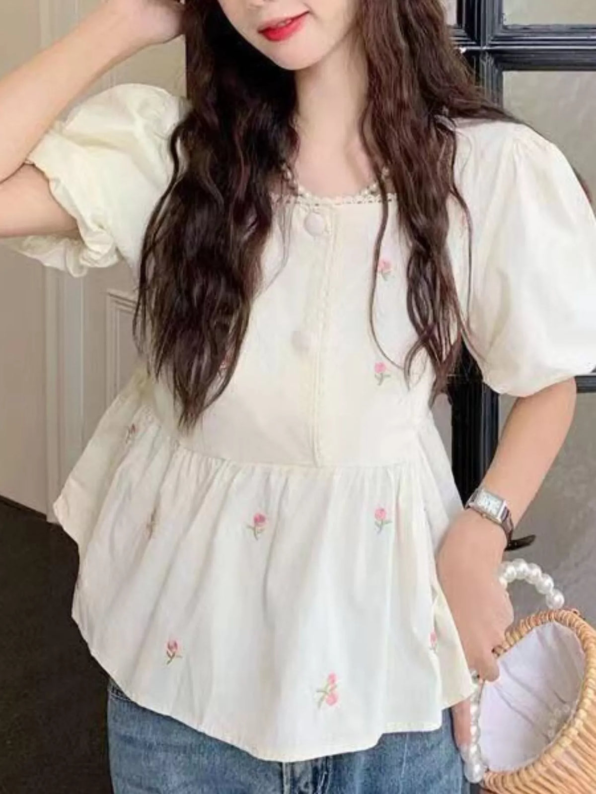 Cream floral embroidered puff sleeve peplum blouse