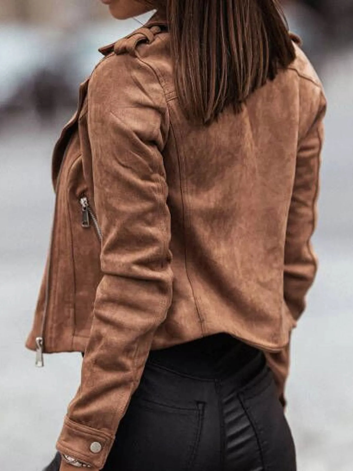 Brown asymmetrical zipper long sleeve jacket — back view