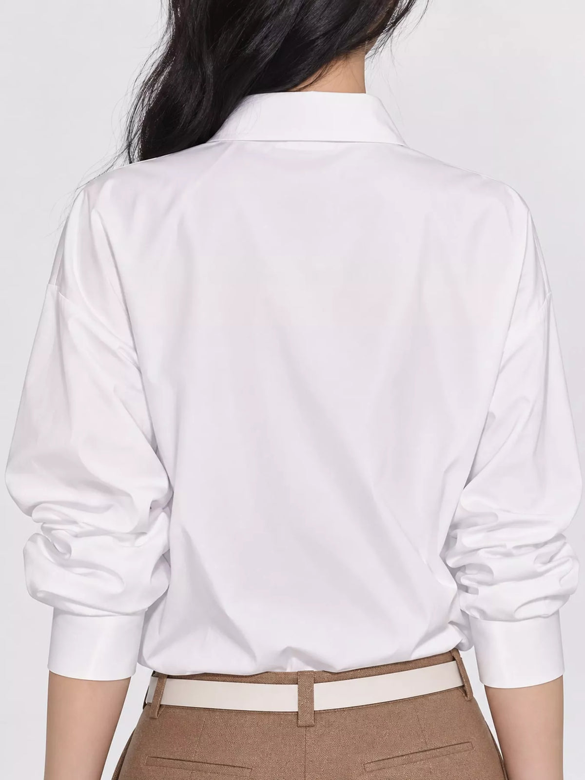 White button detail long sleeve shirt, back view