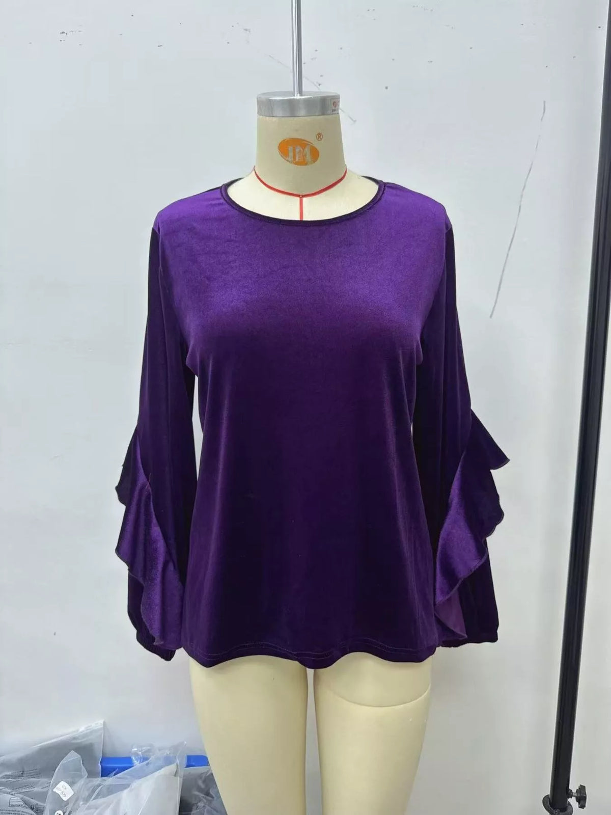 Women's Velvet Round Neck Ruffle Sleeve Top in Plum Purple, alternate view